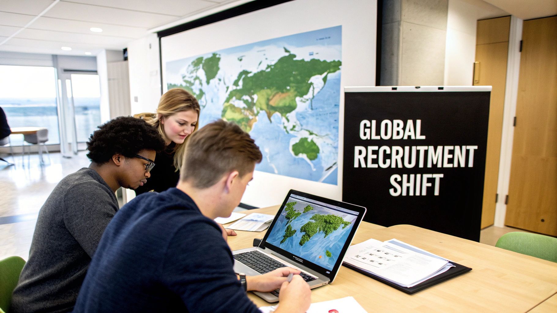 Three diverse students or colleagues collaborate in an office, analyzing global maps on a laptop and projector screen.