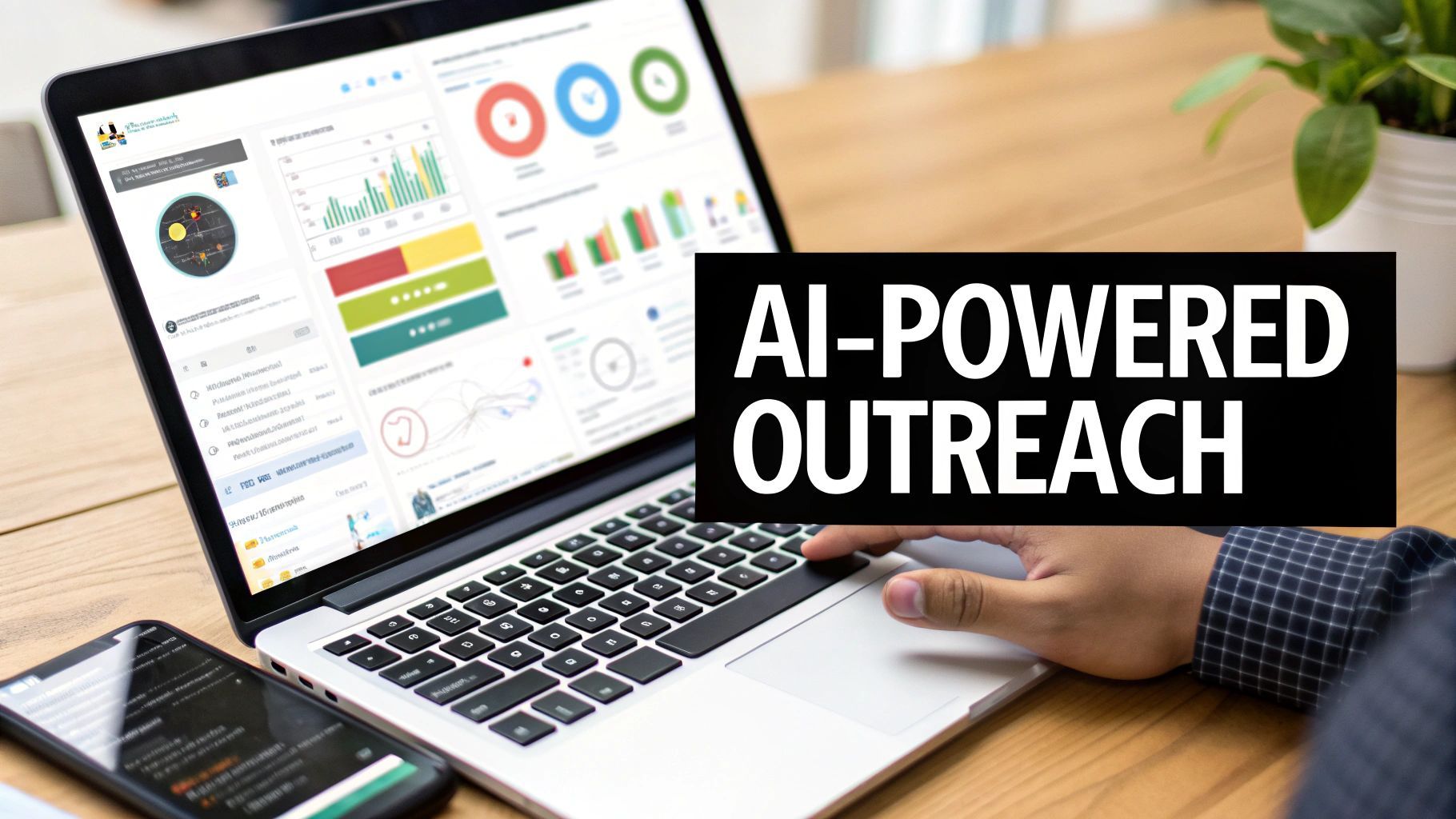 A person uses a laptop displaying data visualizations for AI-powered outreach, with a smartphone nearby.